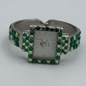 STONE Quartz Watch Green Rhinestone Bangle Silver Tone Fits 5-8